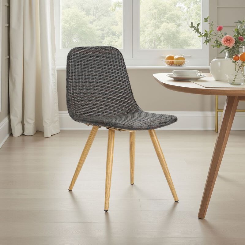 Illa Side Dining Chair, Modern Style Iron Legs, Dark Gray Wicker Rattan - Benzara