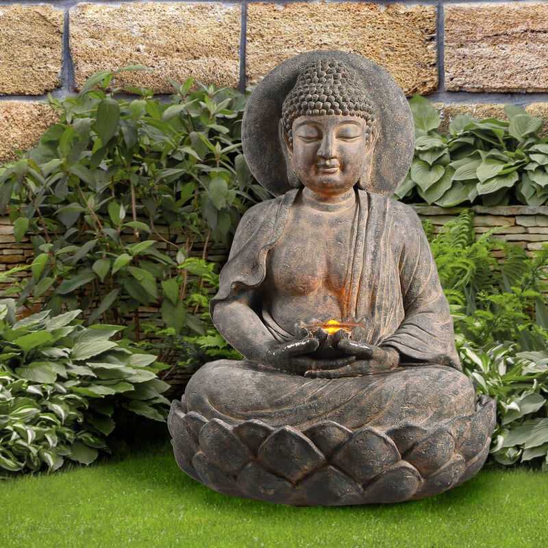 Teamson Home 28.35" Buddha Outdoor Water Fountain with LED Lights, Rustic Gray