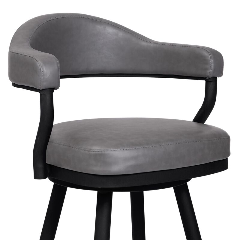 Knw 30 Inch Swivel Barstool Armchair, Black, Vintage Gray Faux Leather-Benzara