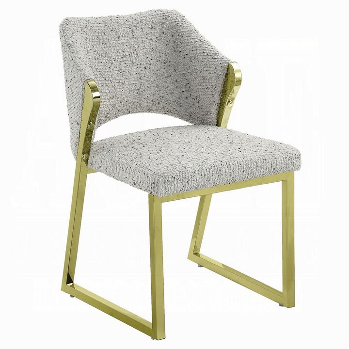 Side Dining Chair, Gold Stainless Steel, Gray Soft Teddy Sherpa - Benzara