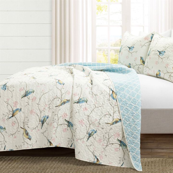 Reversible Polyester Lightweight Floral Birds 3 Piece Quilt Set