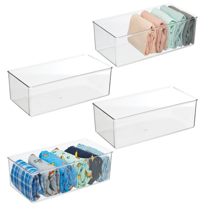 mDesign Long Plastic Drawer Organizer Container Bin for Closet, 4 Pack, Clear