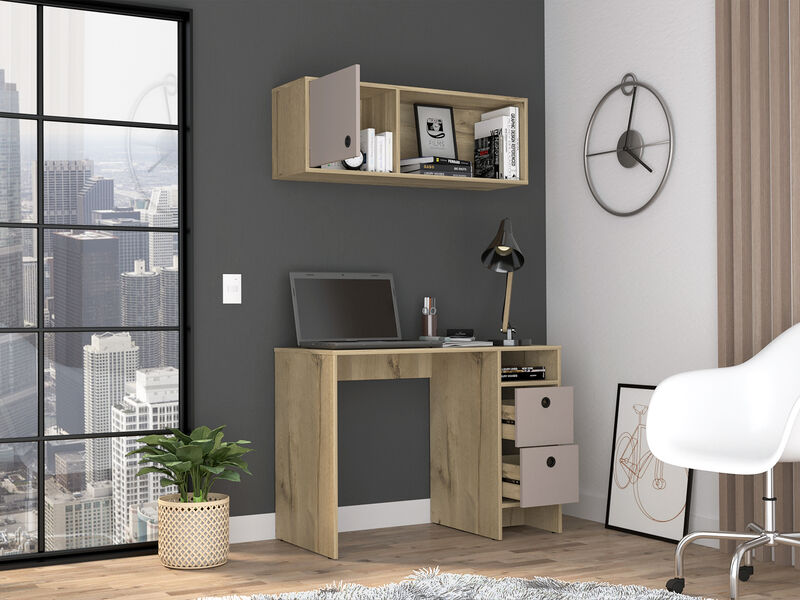 DEPOT E-SHOP Aramis Office Set, Two Drawers, Wall Cabinet, Single Door Cabinet, Two Shelves , Light Oak /Taupe