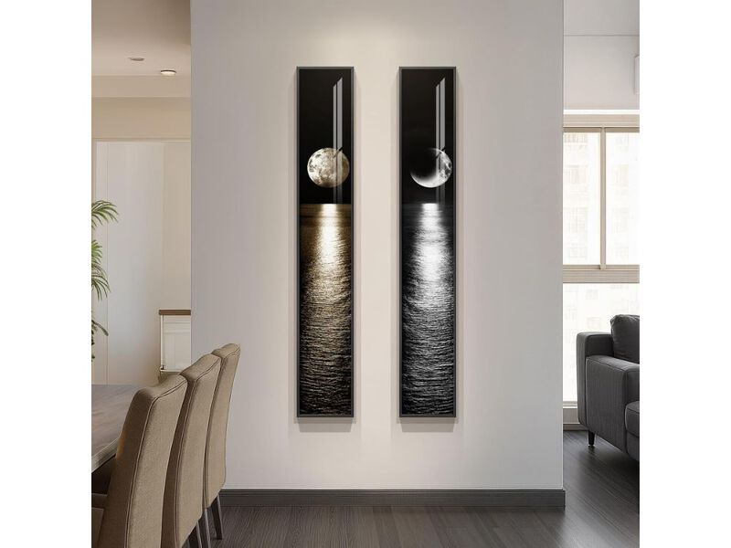 Framed Vertical Moon Wall Art Set 2 Black White Gold Night Sea 2 Pc Decor image number 1