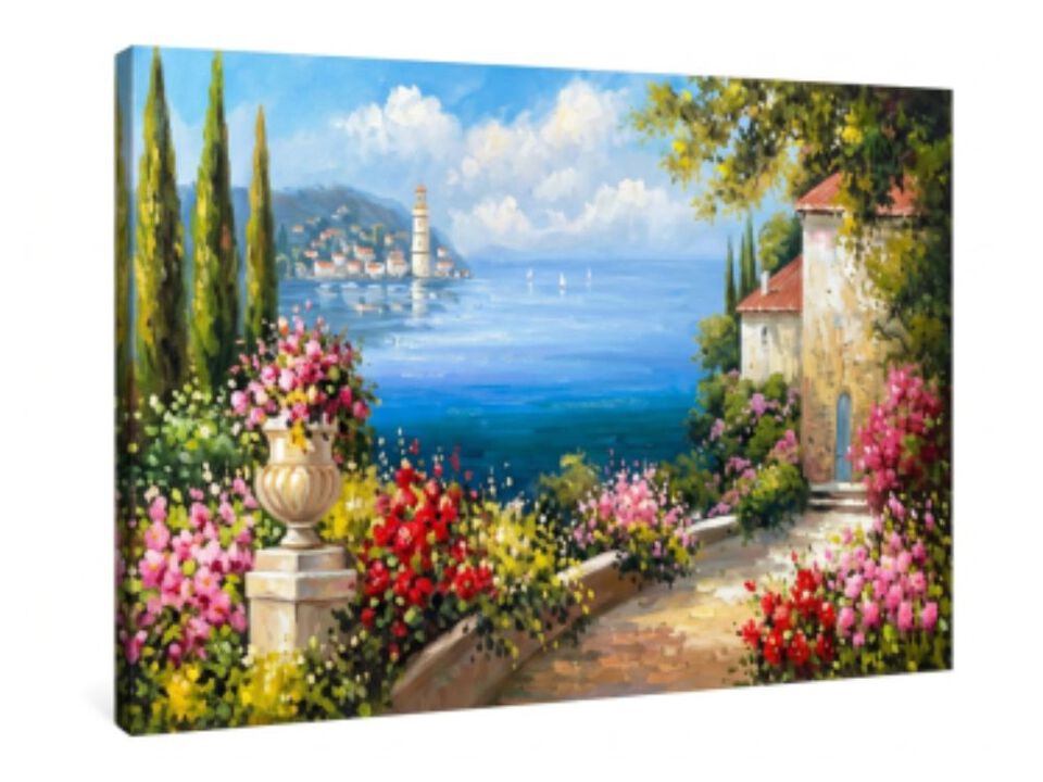 Landscape Wall Art Mediterranean Seascape Tree Pink Flower Blue Ocean Modern