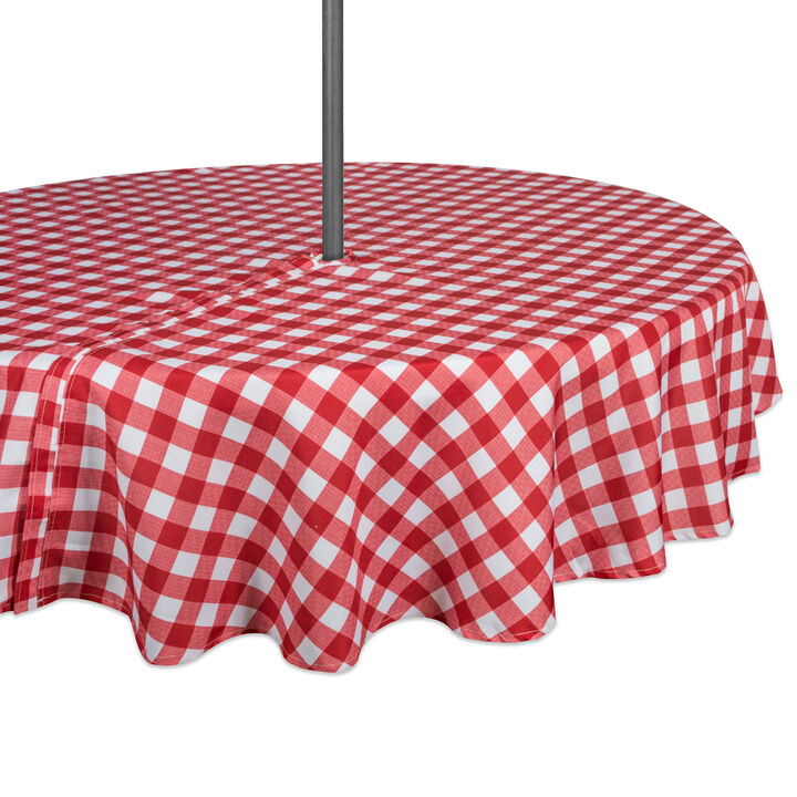 52" Zippered Round Outdoor Tablecloth with Red Checkered Design