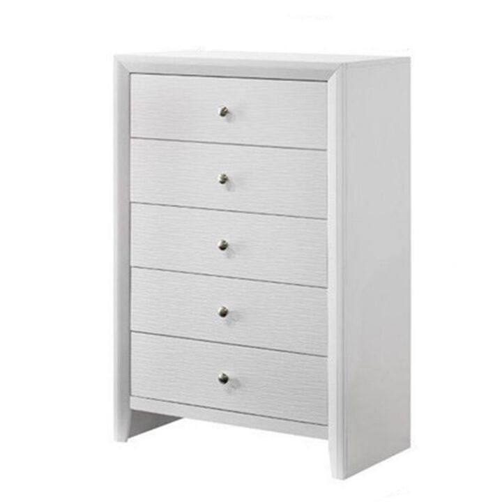 Eve 47 Inch Tall Dresser Chest, 5 Drawers with Metal Knobs, White Wood - Benzara