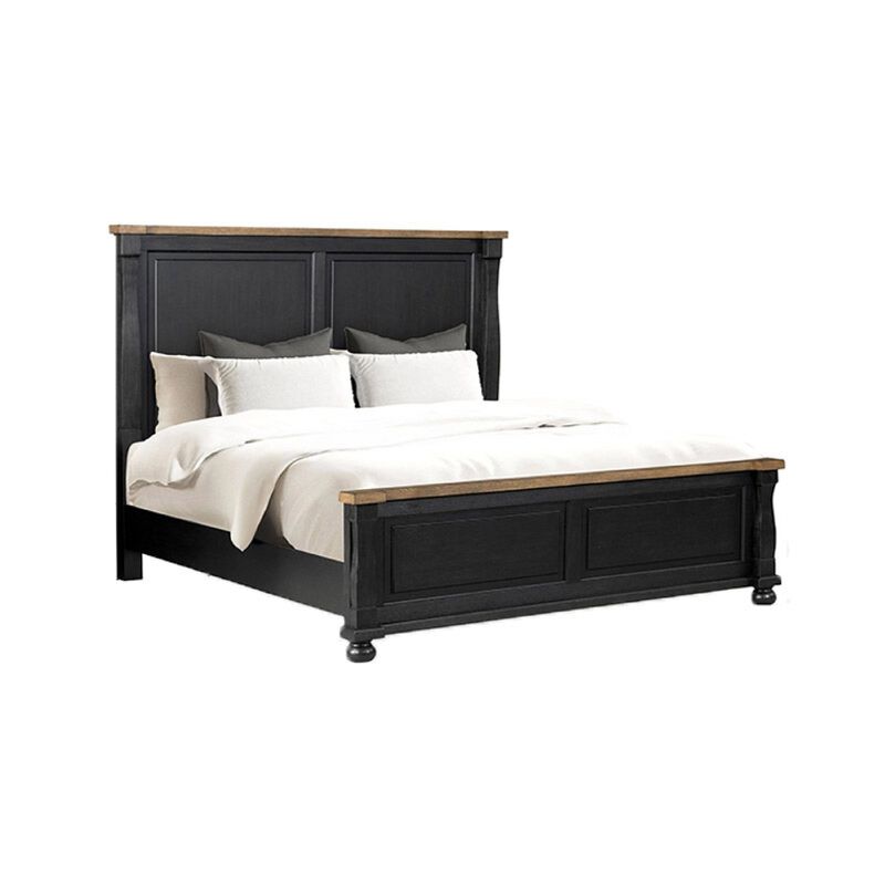 Ginie Queen Bed, Tall Headboard, Farmhouse Legs, Black, Oak Brown Wood - Benzara