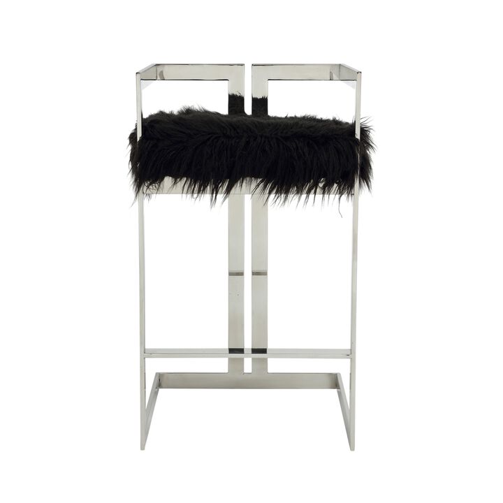 Suki 30 Inch Barstool Chair, Cushioned Black Faux Fur, Silver Cantilever - Benzara
