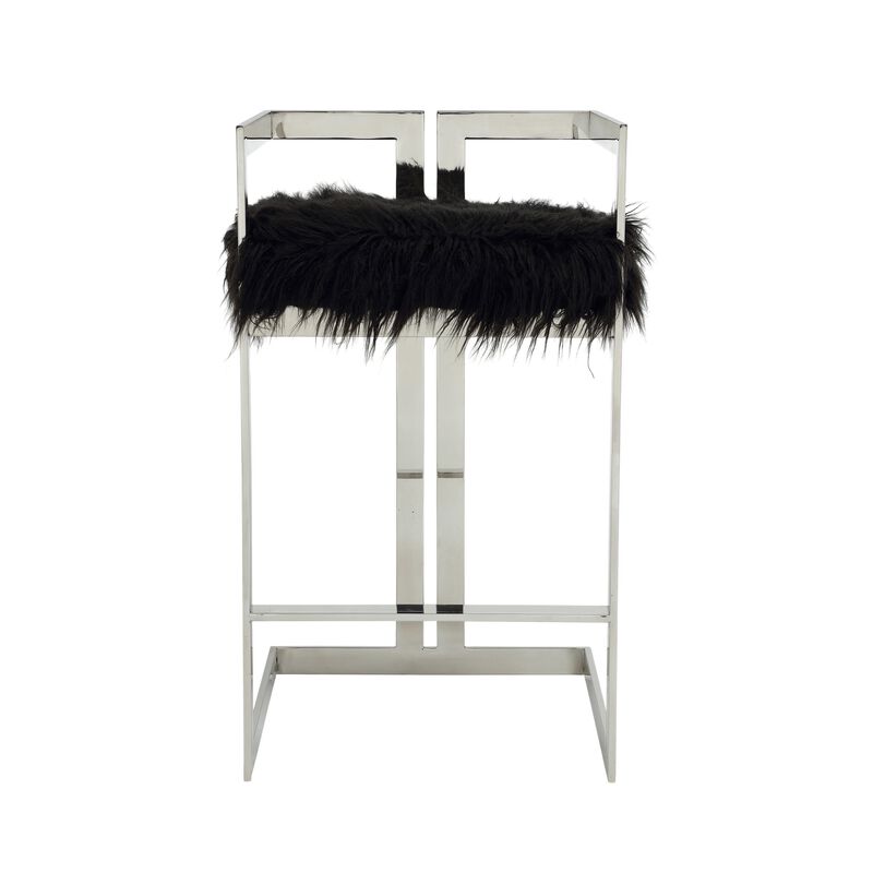 Suki 30 Inch Barstool Chair, Cushioned Black Faux Fur, Silver Cantilever - Benzara