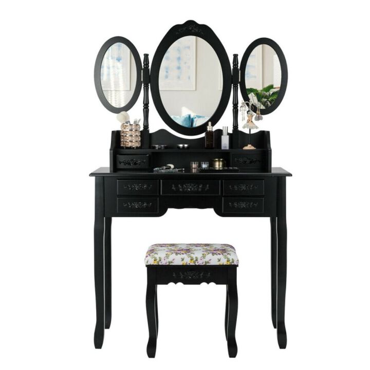 7 Drawer Tri-Folding Mirror Dressing Vanity Makeup Set