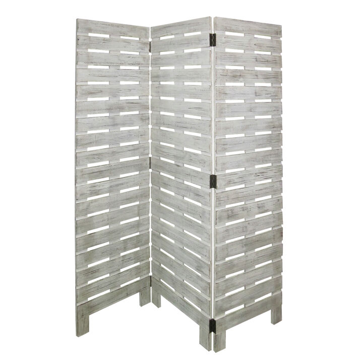 Textured 3 Panel Foldable Wooden Screen with Slats, Gray - Benzara