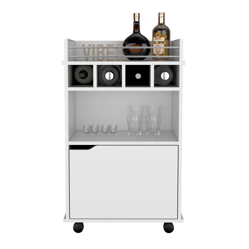 35" H light pine coffee and bar cart, with 4 wheels, division for 4 bottles, central shelf, drawer with openwork door handle. Storage cabinet for glasses and snacks.