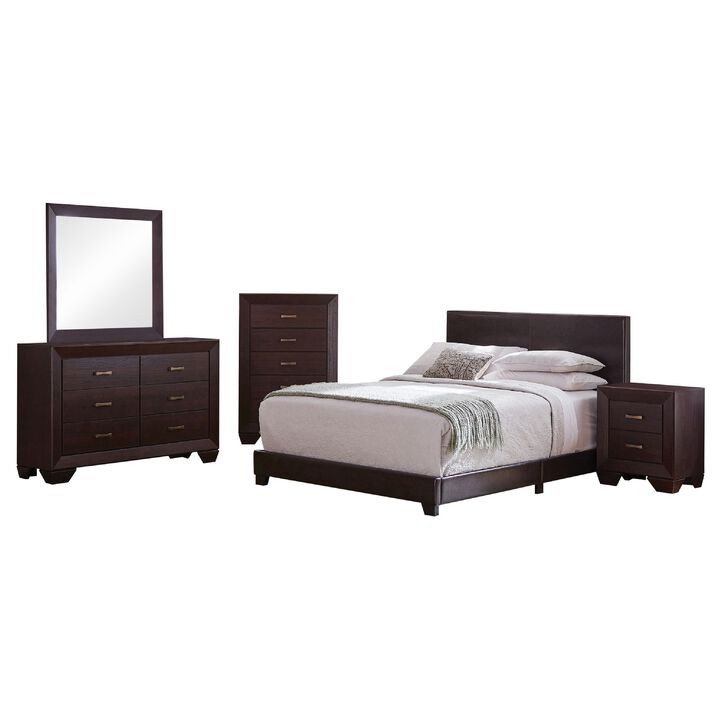 Desy 5pc Queen Size Bedroom Set, Extra Dark Cocoa Brown Faux Leather