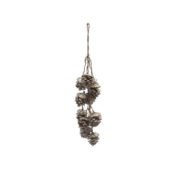 Hanging Plastic Pinecone Bunch with Glitter, Champagne Finish