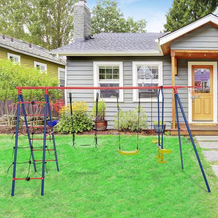 550 lbs 6-in-1 Kids Patio Swing Set with Ladder, Climbing Net, and More