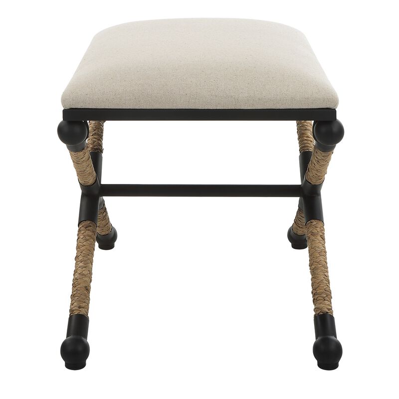 24 Inch Accent Stool, Cusioned Seat, Iron Black Frame, Off White Upholstery - Benzara