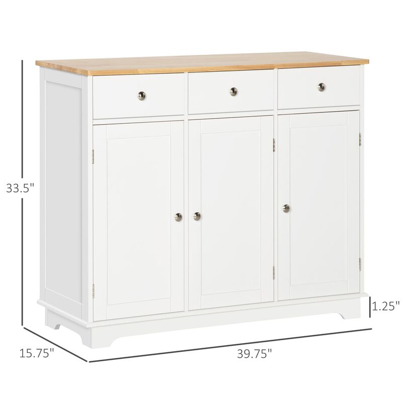 White Kitchen Buffet: 3-Door Sideboard with Drawers and Shelf