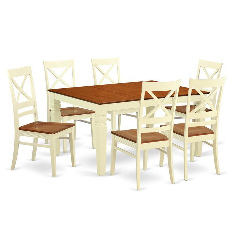 7 Pc Kitchen table set with a Dinning Table and 6 Wood Dining Chairs in Buttermilk and Cherry