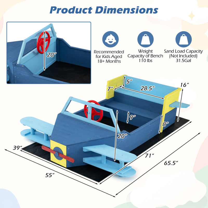 Kids Wooden Sandbox with Bottom Liner and Bench Seats - Blue image number 2