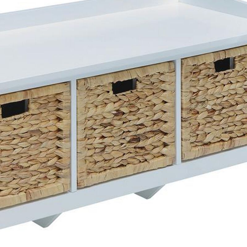 Rectangular Wooden Bench with Storage Basket, White-Benzara
