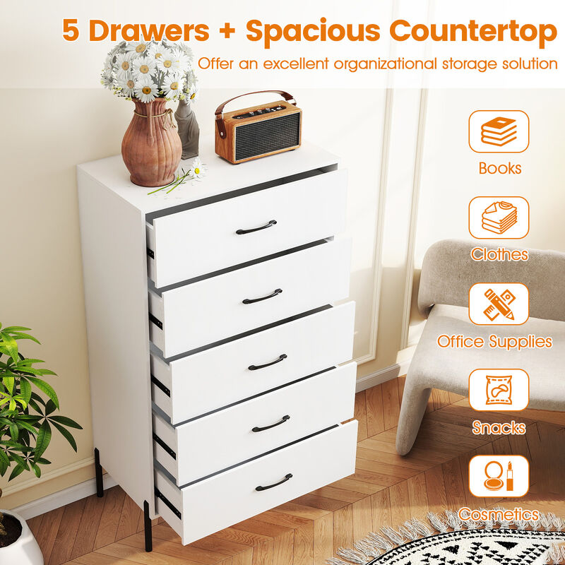 Modern Tall 5-Drawer Storage Chest with Metal Legs - White image number 6