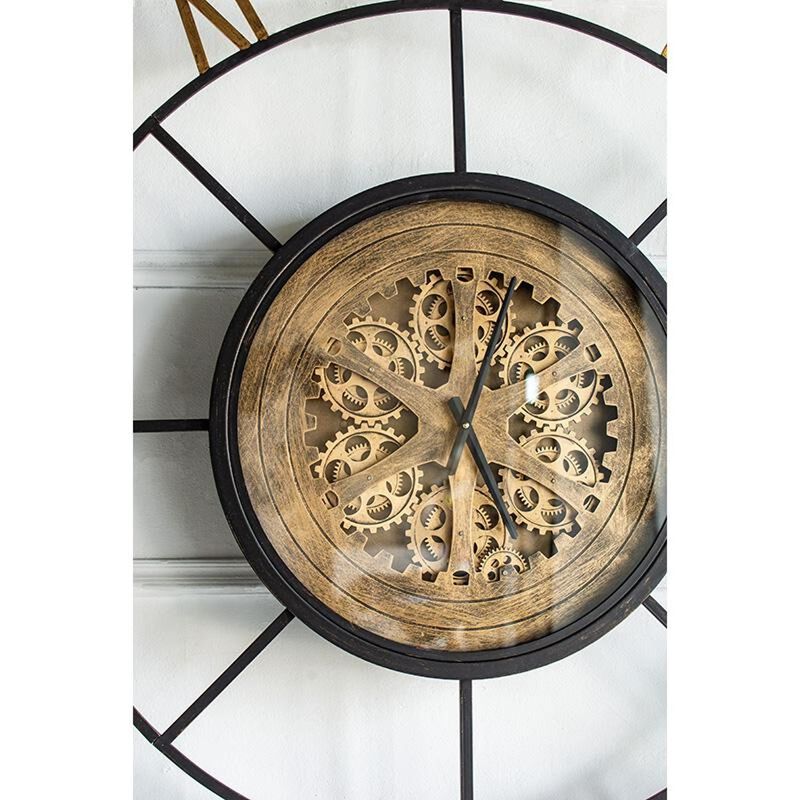 HomeRoots 56" Circle Copper Metal and Glass Analog Exposed Gear Wall Clock image number 4