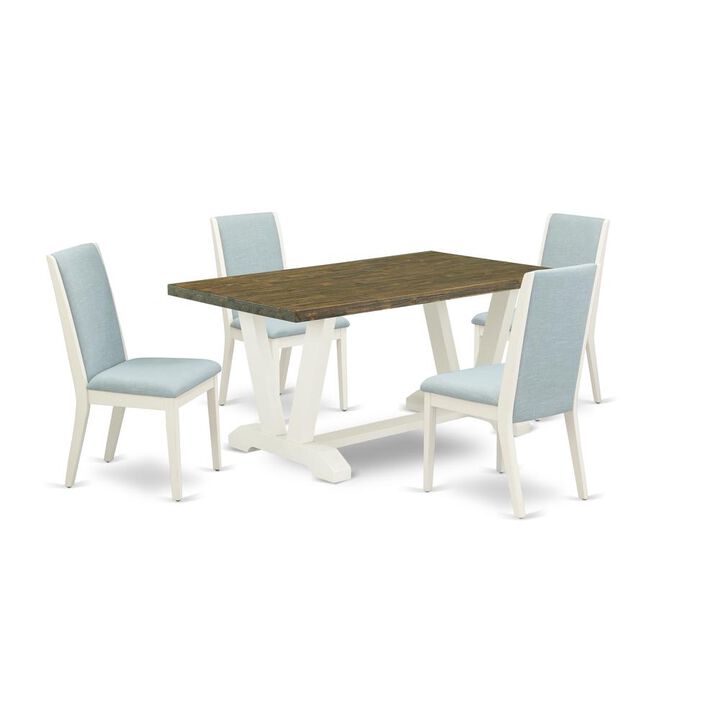 East West Furniture V076LA015-5 5Pc Dining Table set Includes a Dining Room Table and 4 Parson Chairs with Baby Blue Color Linen Fabric, Medium Size Table with Full Back Chairs, Wirebrushed Linen Whit