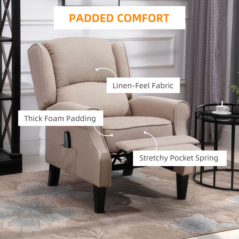HOMCOM Wingback Heated Vibrating Massage Chair, Accent Sofa Vintage Upholstered Massage Recliner Chair Push-back with Remote Controller, Beige