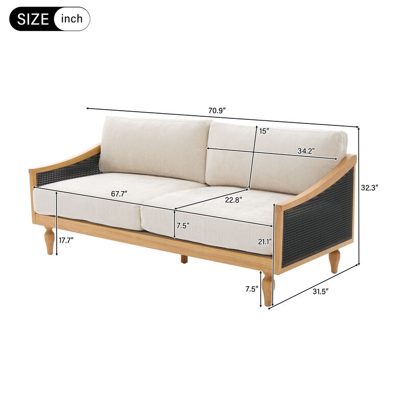 Merax Rubberwood Frame 2 Seater Chenille Loveseat Rattan Woven Side Panels with High-Density Foam Cushions image number 5