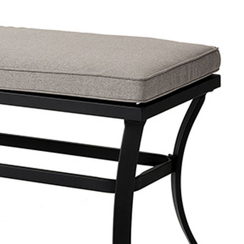 Poli 59 Inch Outdoor Bench, Gray Fabric, Black Steel Frame, Curved Legs-Benzara