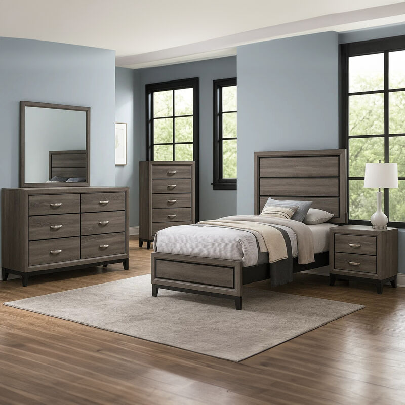 Mela 5pc Twin Bed Set, Nightstand Dresser Chest and Mirror, Oak Gray