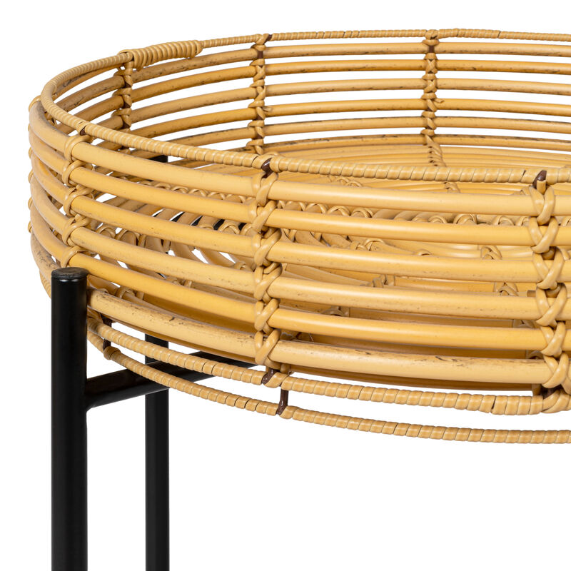 Malia Coastal Bohemian Faux Rattan Round Tray End Table with Metal Base image number 4