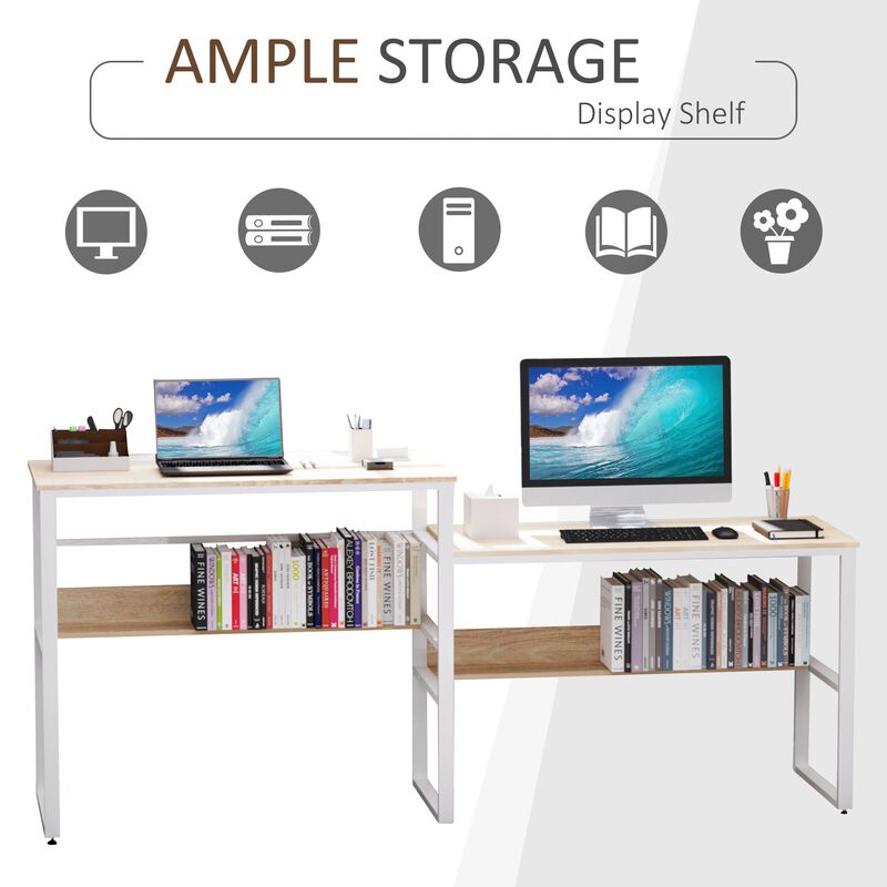 86.5 Inch Two Person Desk Double Computer Table Writing Desk with Open Shelves Long Storage Workstation for Home Office White and Natural