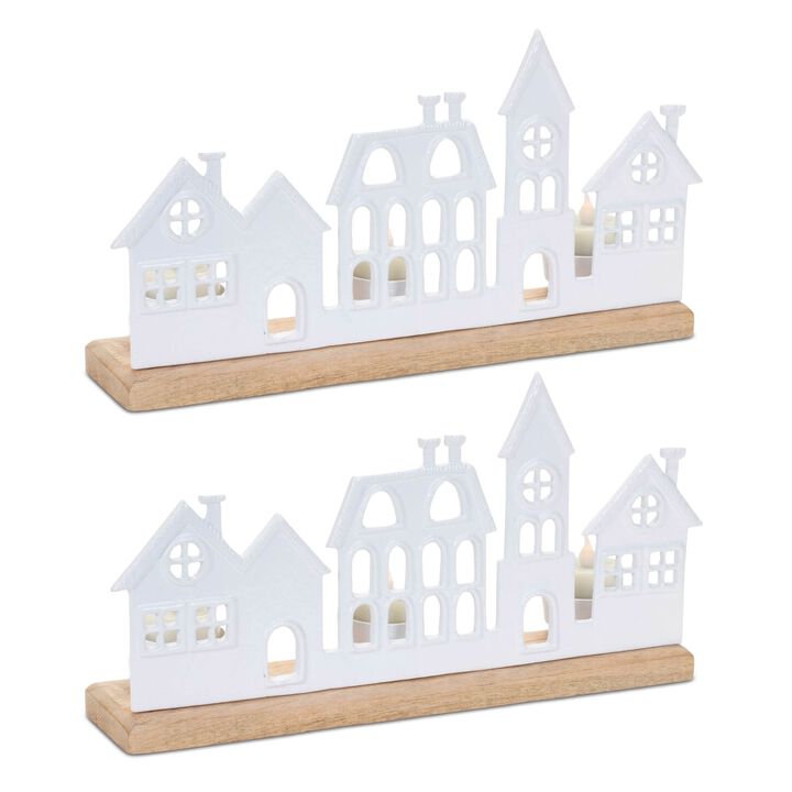 Set of 2 Metal Village Tealight Holders for Holiday Tabletop or Mantel Display