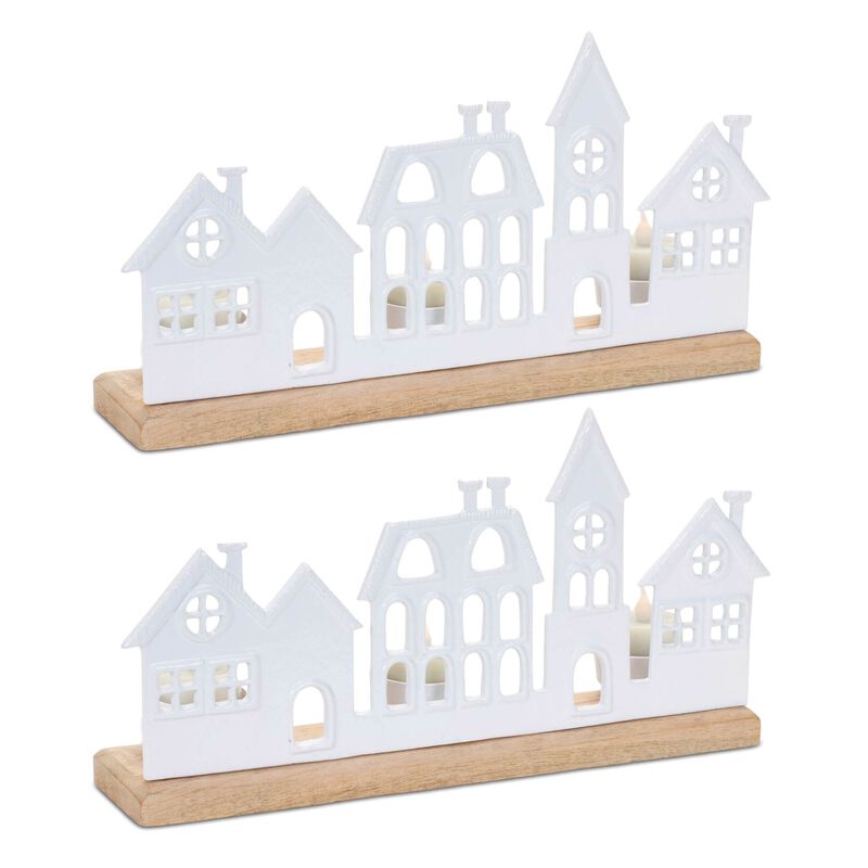 Set of 2 Metal Village Tealight Holders for Holiday Tabletop or Mantel Display