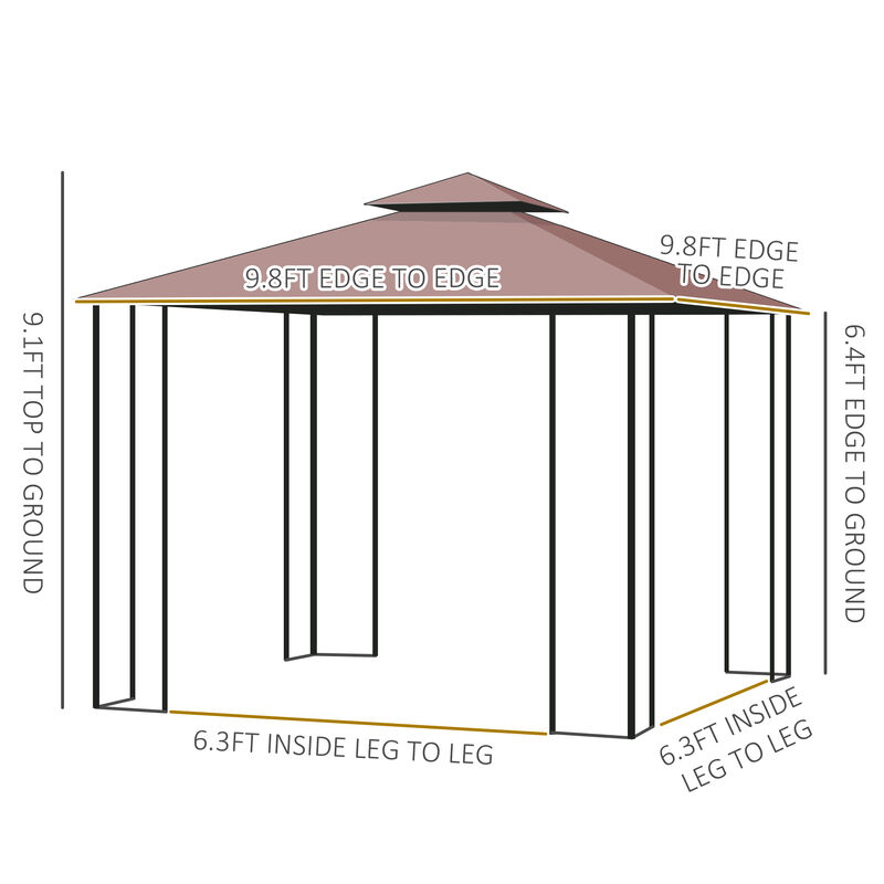 Outsunny 10' x 11.5' Metal Patio Gazebo, Double Roof Outdoor Gazebo Canopy Shelter with Tree Motifs Corner Frame and Netting, for Garden, Lawn, Backyard, and Deck, Brown