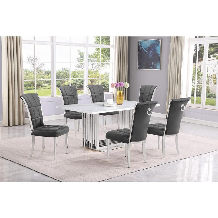7pc Small(68") marble top dining set with silver base and 6 Dark grey chairs
