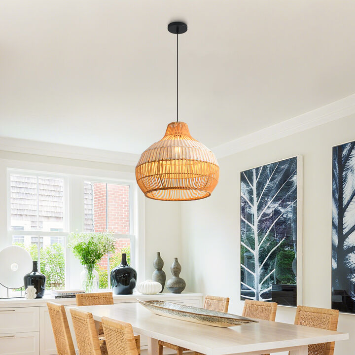 17" Bohemian Handwoven Rattan Caged White Pendant Light for Living Room, Dining Room and Kitchen Island