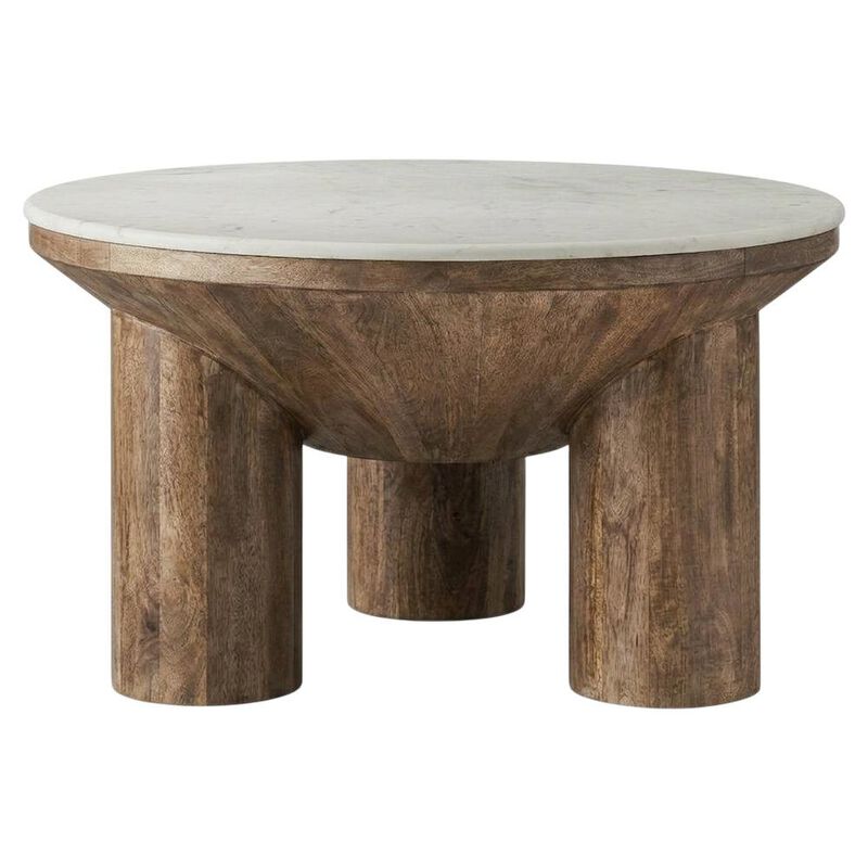 Wood Coffee Table with Marble Top, 33-Inch Round, Modern Design image number 1
