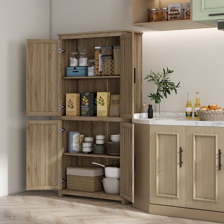64" Kitchen Pantry, Tall Storage Cabinet with 4 Rattan Doors, 4 Tier Shelves and Adjustable Shelf, Natural