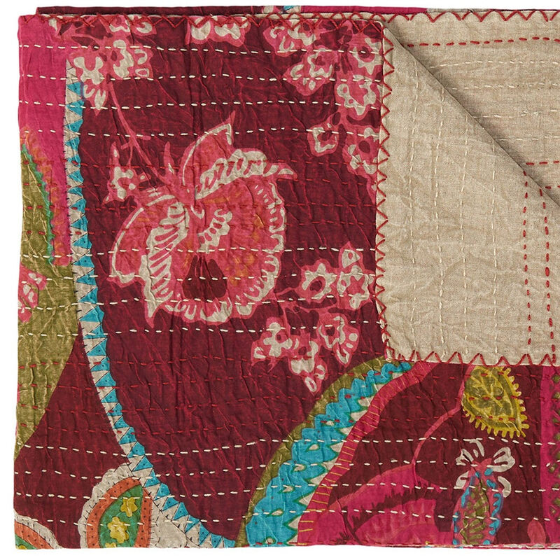 HomeRoots 50" X 70" Red Floral Cotton Quilted Kantha Throw Blanket with Embroidery image number 0