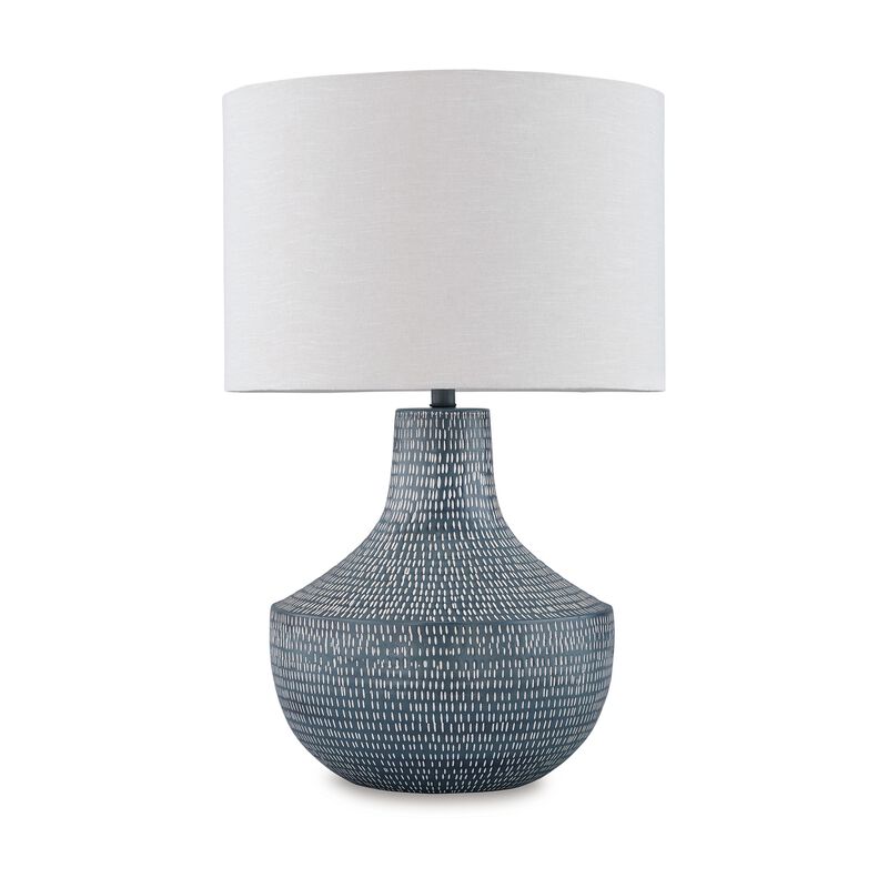Lym Table Lamp, Gray Hammered Metal Base, White Fabric Shade 28 Inch - Benzara