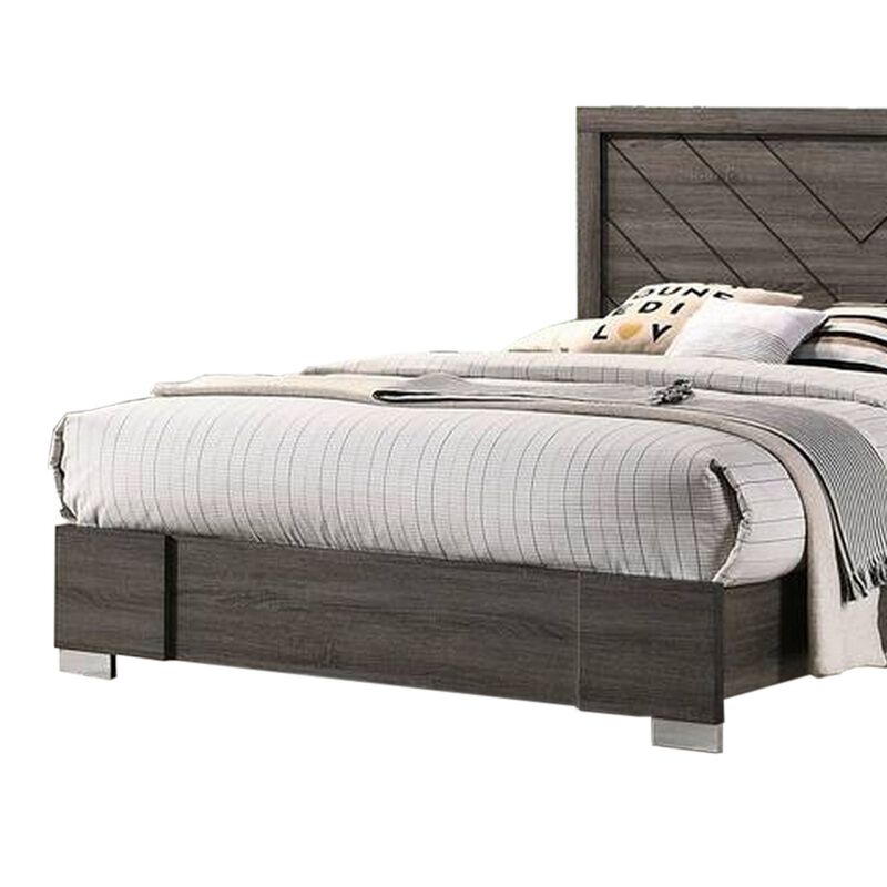 Lola Classic Queen Size Bed, Wood Grain, Strong Block Legs, Taupe Brown - Benzara