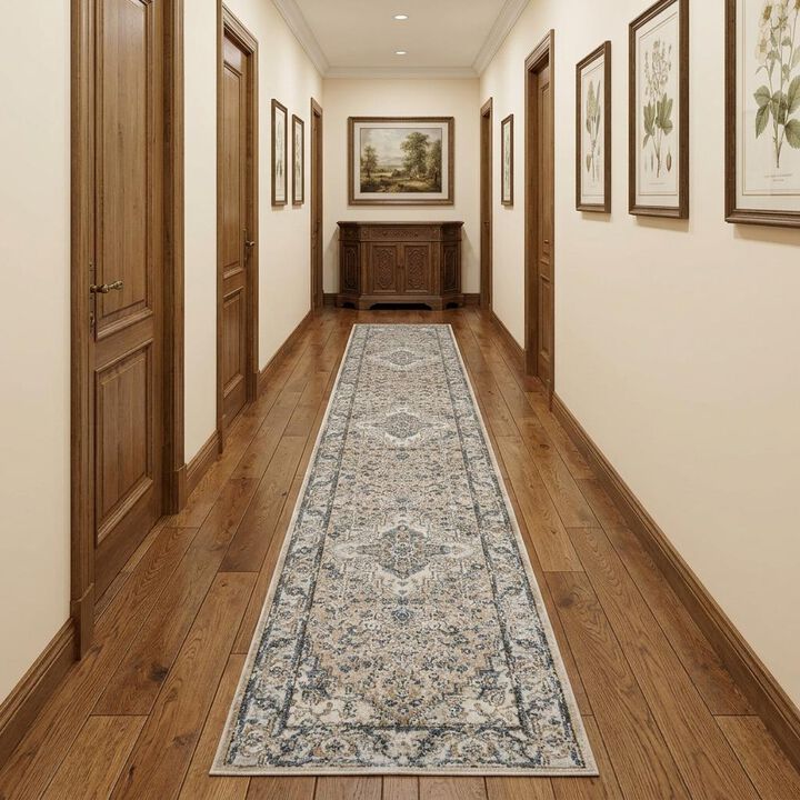 HomeRoots 12' Gray and Ivory Medallion Power Loom Runner Rug