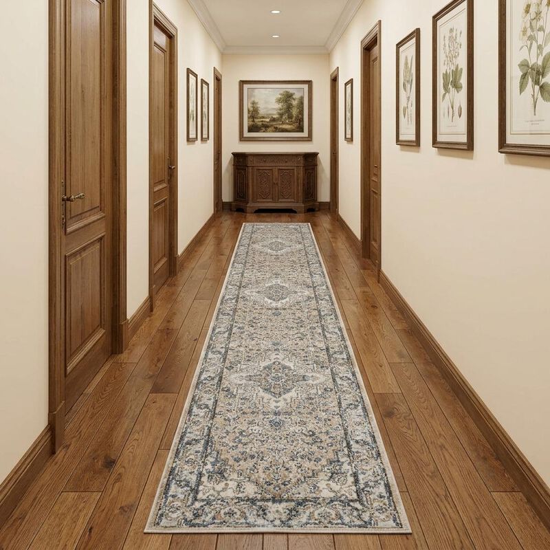 HomeRoots 12' Gray and Ivory Medallion Power Loom Runner Rug image number 1