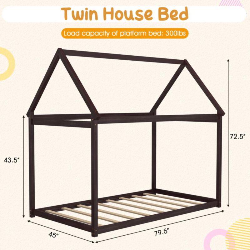 Hivvago Twin Size Kids House Bed Wood Frame with Roof