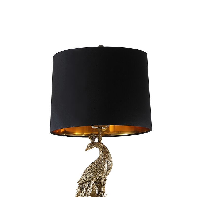 29 Inch Peacock Table Lamp, Gold Polyresin Sculpture, Black Drum Shade - Benzara
