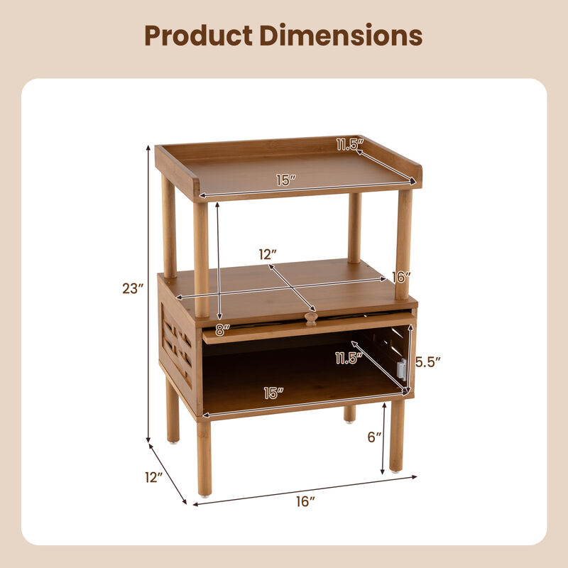 Bamboo Rattan Nightstand with Raised Edge Flip-Up Door and Open Shelf image number 3