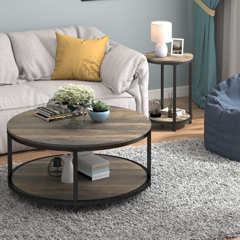 NSdirect Round Side Table Set of 2,16in Rustic Wooden End Table Surface Top & Sturdy Metal Legs Nightstand for Living Room Bedro